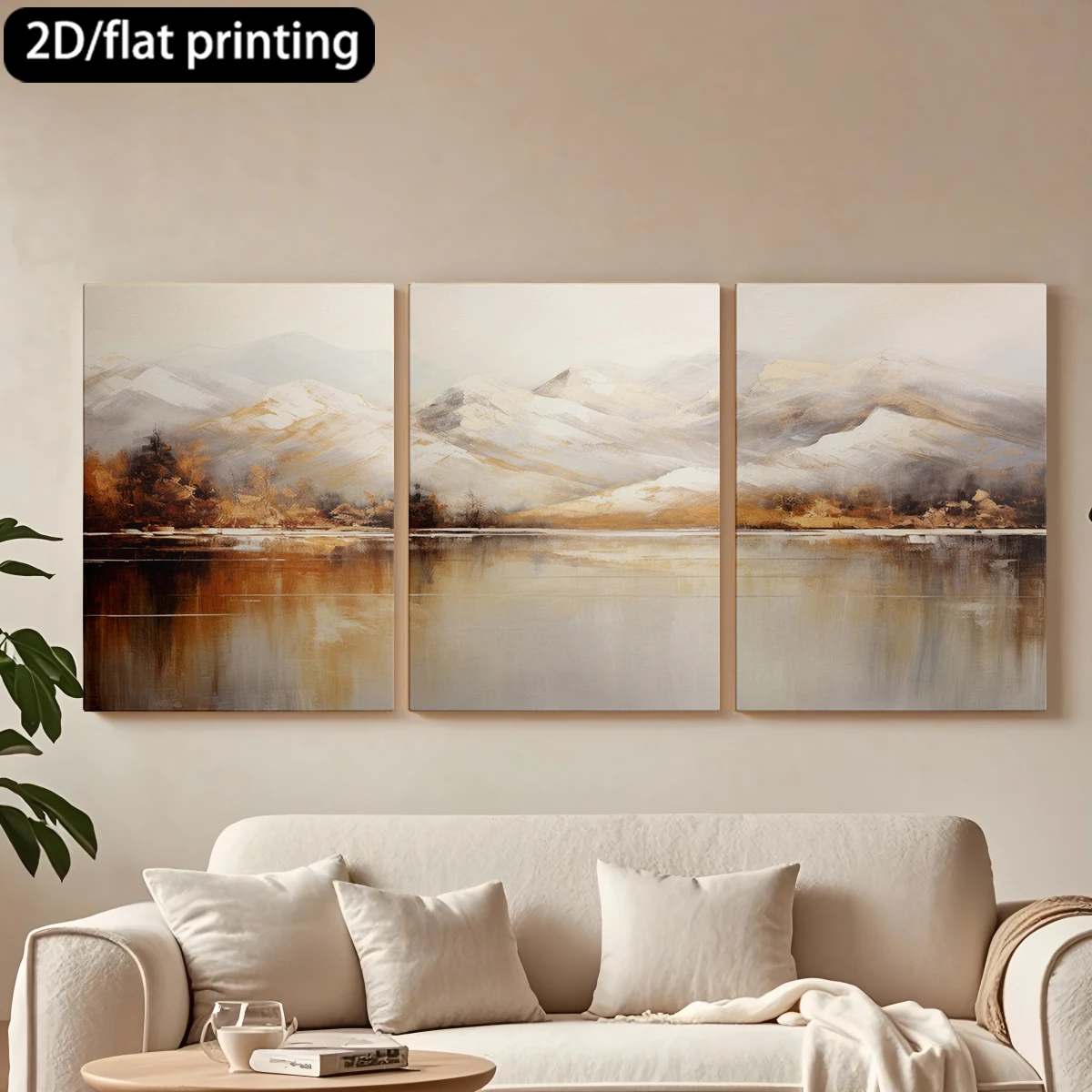 

2D плоская печать, 3-х частная картина на холсте в деревянной раме, декоративная живопись «Горное озеро», нежные цвета. Декор для коридора и спальни.
