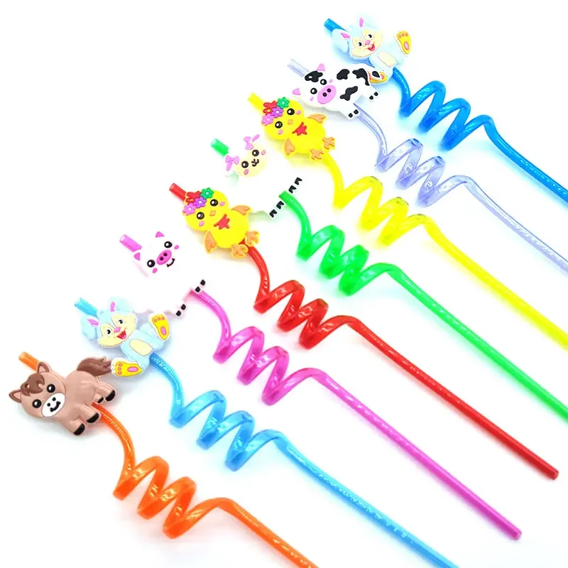 8pcs 26cm Reusable Farm Animal Straws Farm Cartoon Cow Theme Kids Birthday Party Decoration Plastic Spiral Drinking Straw