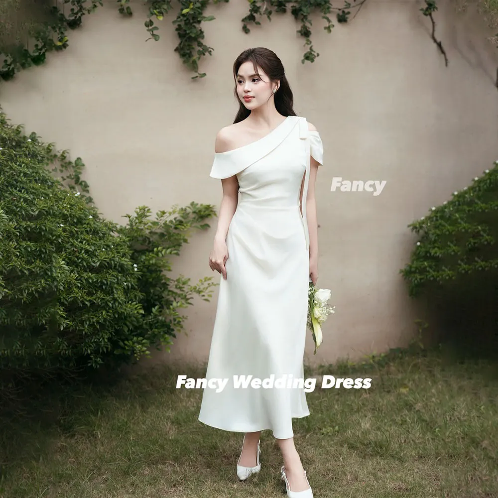 Fancy Sloping Shoulders Evening Dress a Line Elastic Satin Prom Gown Tea Length Back Zip Birthday Dresses Customized