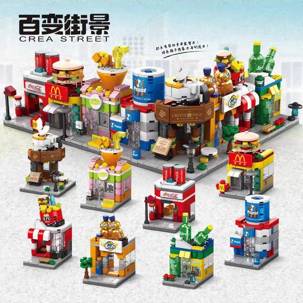 Creative Versatile Street View Toys Building Blocks Cola Orangeade Beverage Shop Urban Architecture Puzzle Assembly Model Gift