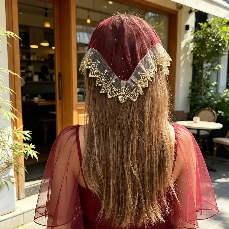 Französischer Spitzen-Dreieckstüll-Kopfschutz im ländlichen Stil, weiches Haarband, Haaraccessoire für Frauen – Detail 3