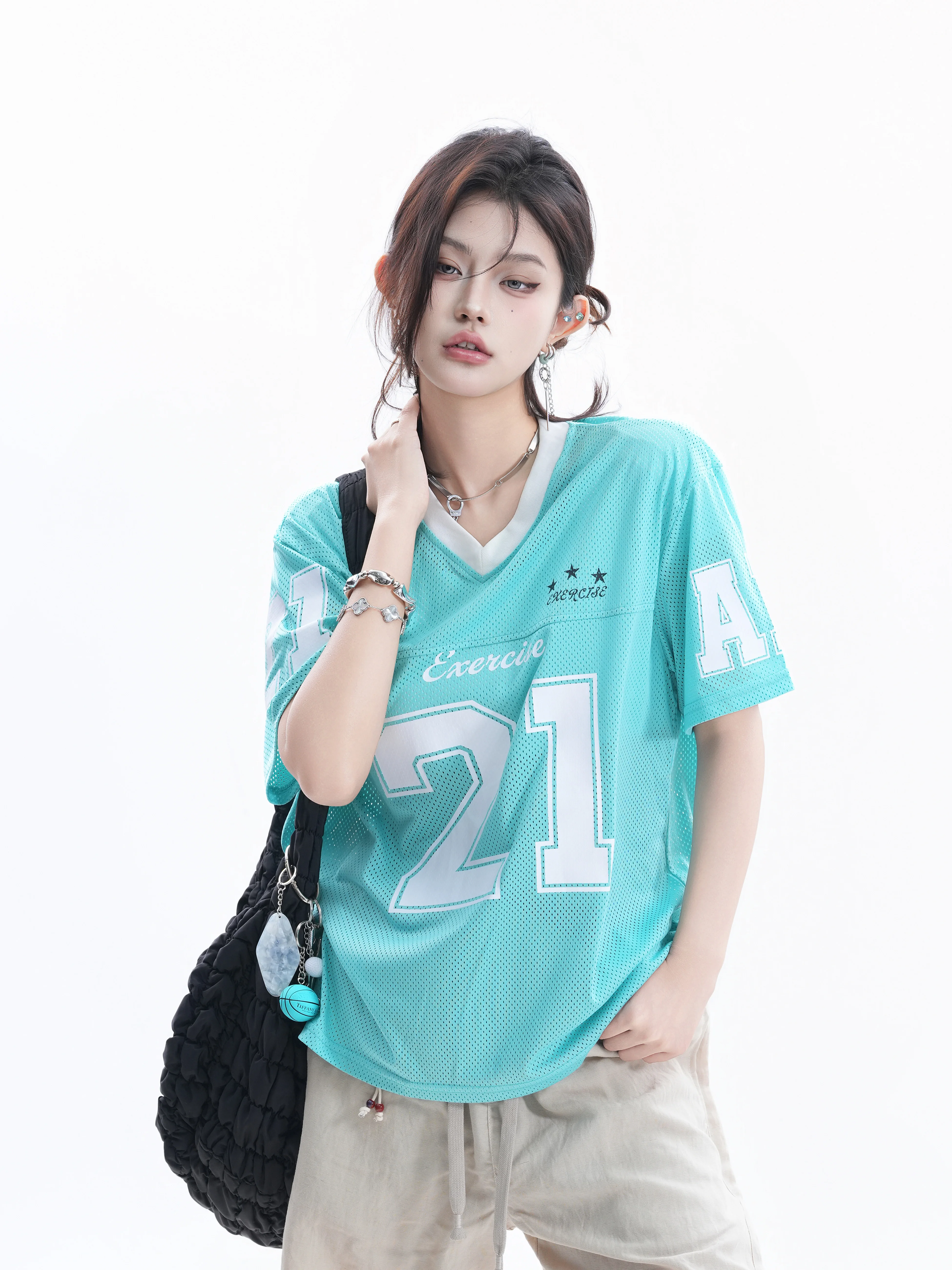 

Retro American Style Women's Loose Short Sleeve T-shirt Digital Print Casual Top Breathable Mesh V-neck Pullover Summer Fashion