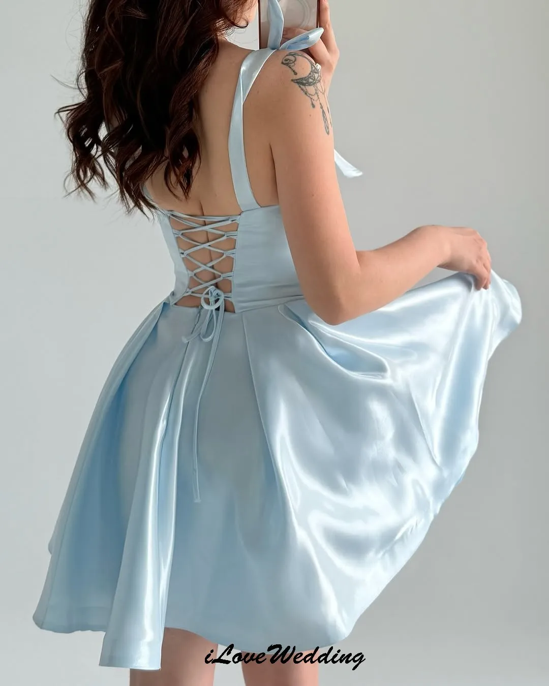 Sky Blue Homecoming Dresses 2025 A-Line Woman Party Dress Mini-Length Satin Prom Dresses Ruched Lace-Up Backless Sexy Customized