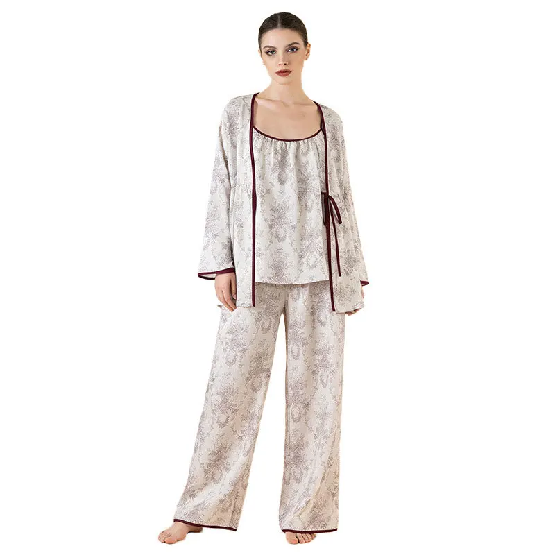 Women's 3 Piece 100% Cotton Gauze Pajama Set Elegant Floral Print Camisole Robe & Pants Thin Contrast Piping Loungewear
