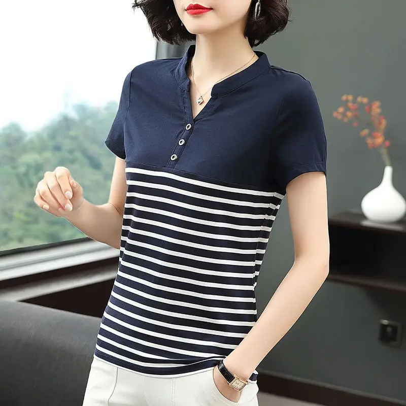 

New Summer Women's Splicing Contrast Color V-Neck Short Sleeve Slim Striped Thin Classic Pullovers Trendy Comfortable Tops