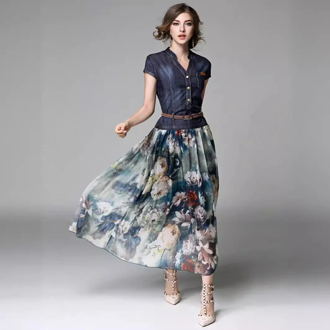 

2025 Summer New Women's Dress Denim Print V-Neck Slim Fit And Slimming Mid Length Skirt