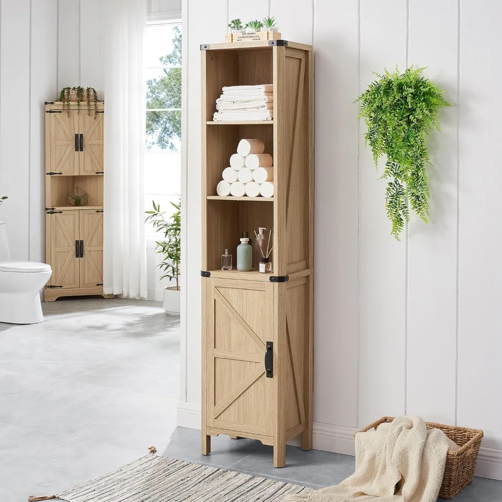 

Bathroom Storage Cabinet, 5-Shelf Farmhouse Storage Cabinet with Barn Door&Adjustable Shelves, Bathroom Organizer for Living Roo