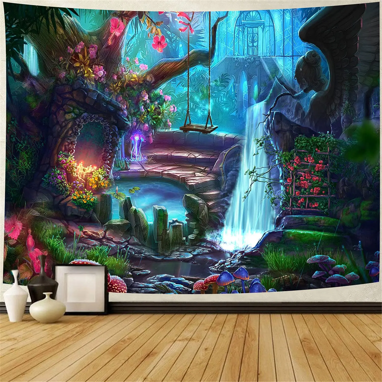 Enchanted Forest Plant Tapestry Fantasy Mysterious Purple Tree River Waterfall Landscape Wall Hanging Bedroom Livingroom Dorm