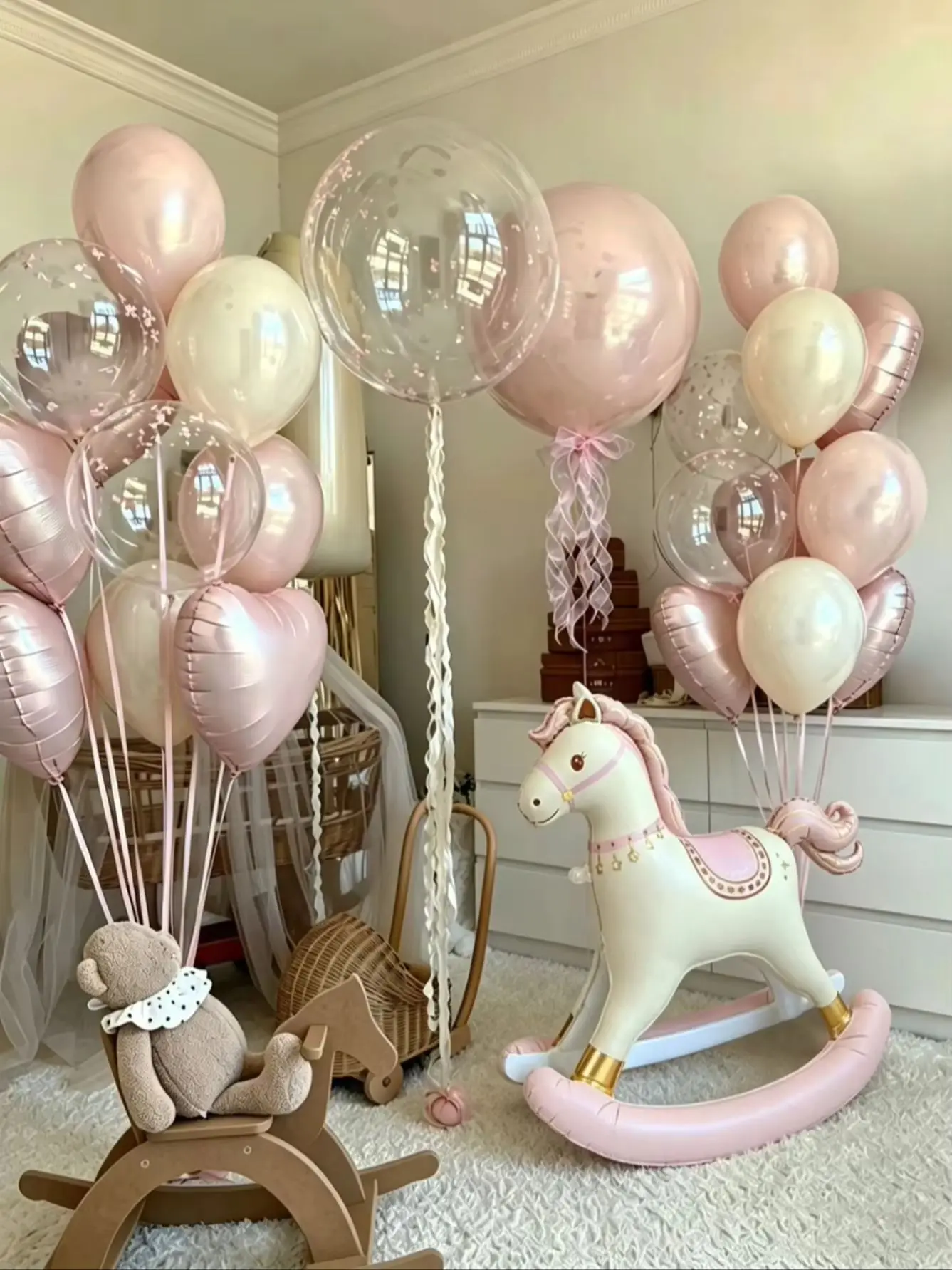 Rosa Trojaner-Ballon-Set, Rosa Schaukelpferd-Folienballon, Rosa Herzballon für Geburtstagsfeier, Babyparty-Dekoration