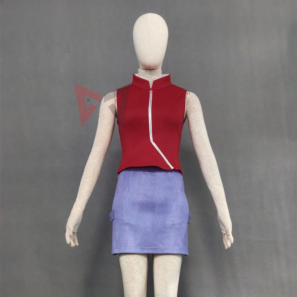 

New Ninja 17 Year Old Sakura Cosplay Costume Red Shirt Purple Skirt For Game Party Halloween Custom Made