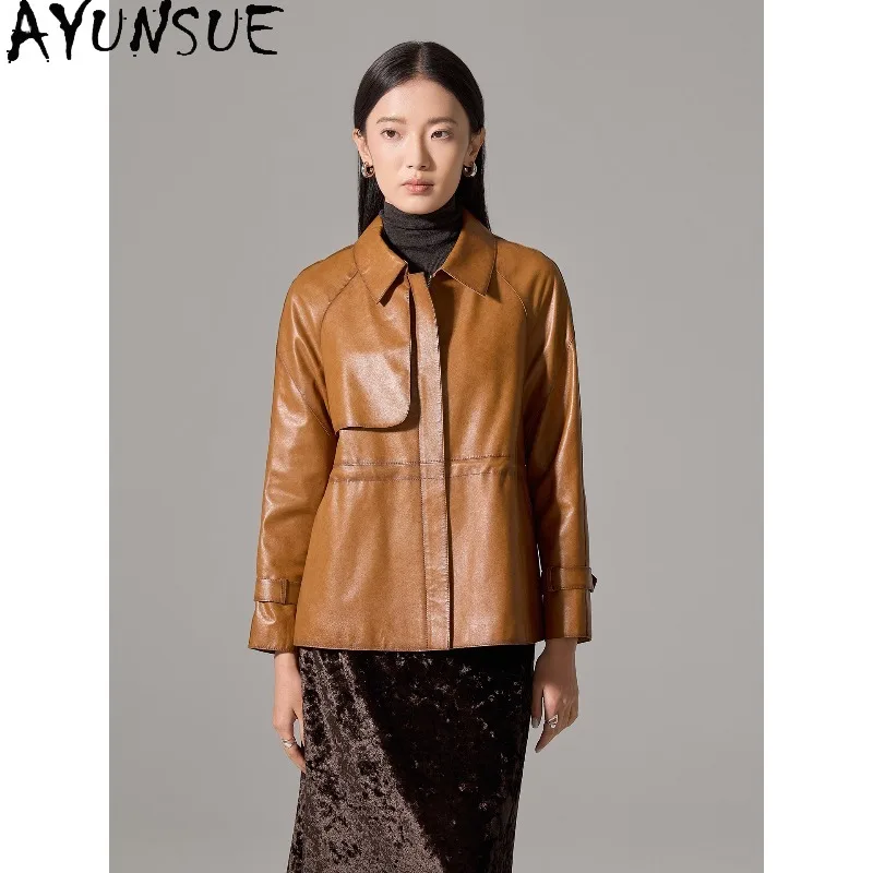 AYUNSUE Real Leather Jacket Woman Cinched Waist Sheepskin Jackets for Woman 2026 Luxury Brown Commute Outerwear Woman Clothes 코트