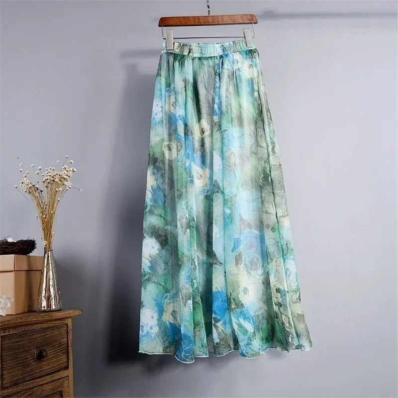 Summer 2023 Loose Skirts European and American Retro Beach Skirts Bohemian Skirts Tencel Printed Long Skirt Women 2024