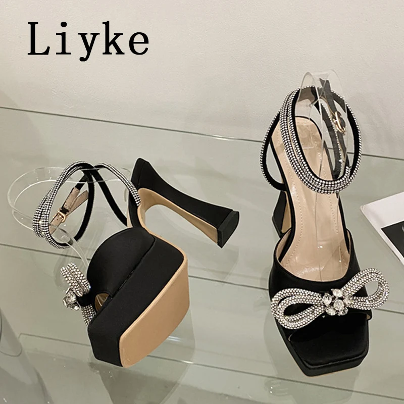 Liyke Super High Sexy Sandals Ladies 2024 Summer Open Toe Crystal Bowknot Platform Heels Party Wedding Shoes Women Black White