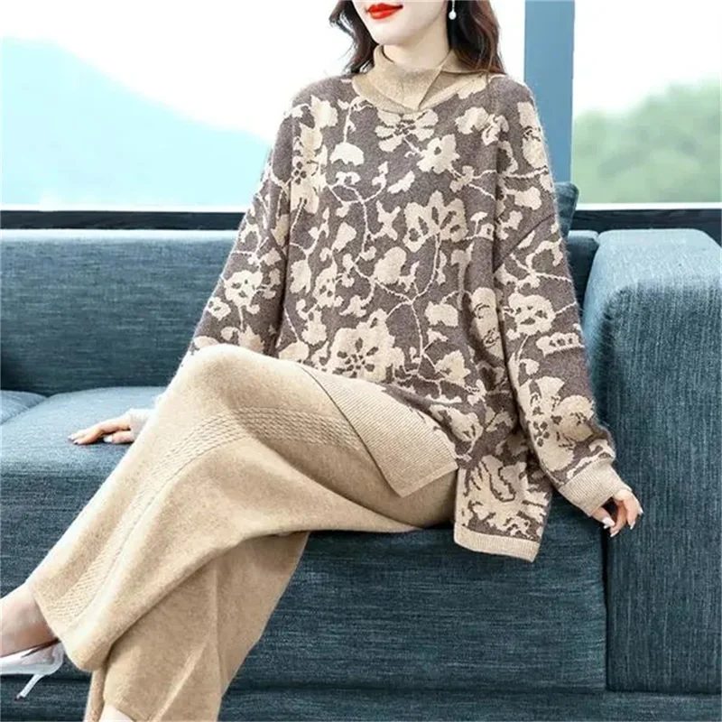 Advanced Sense Embroidery Split Knit Suit Women\'s 2023 Spring Autumn New Fashion Sweater Wide Leg Pants Two-Piece Set Female