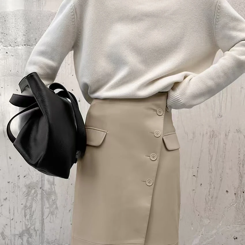 High Waist Fce Lined PU Leather Split Skirt A-Line Long Dr Commute Sle Pure Color Design for Women