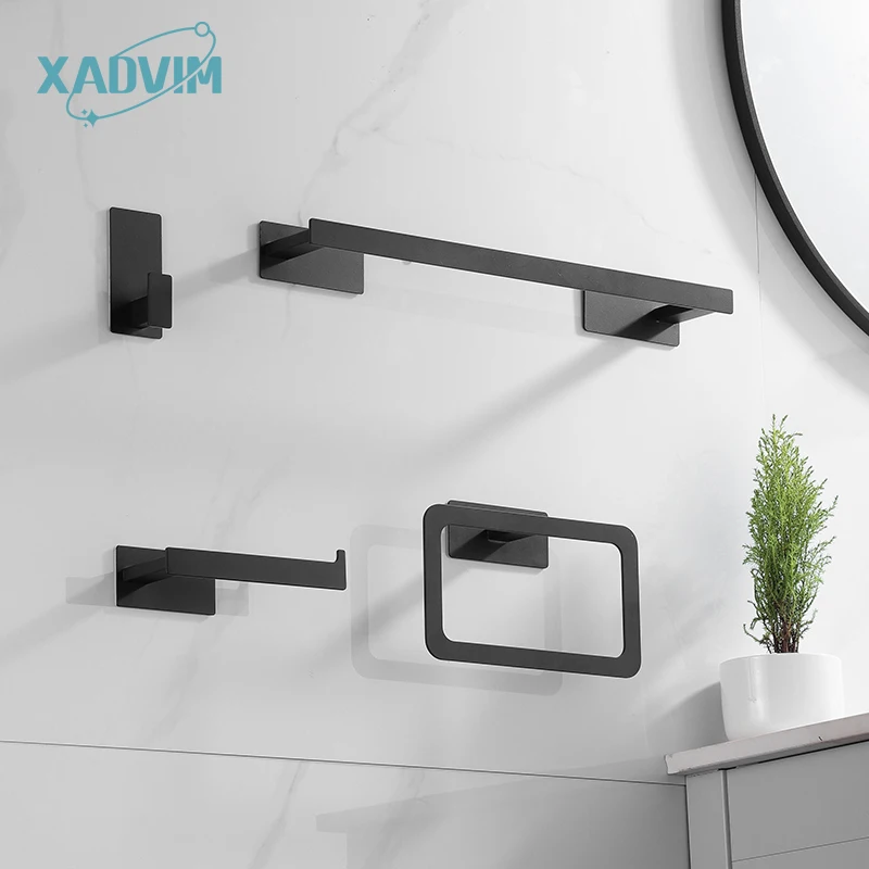 No Drill Stainless Steel Matte Black Bath Hardware Set Self-adhesive Towel Bar Towel Ring Paper Holder Hook Bathroom Accessories