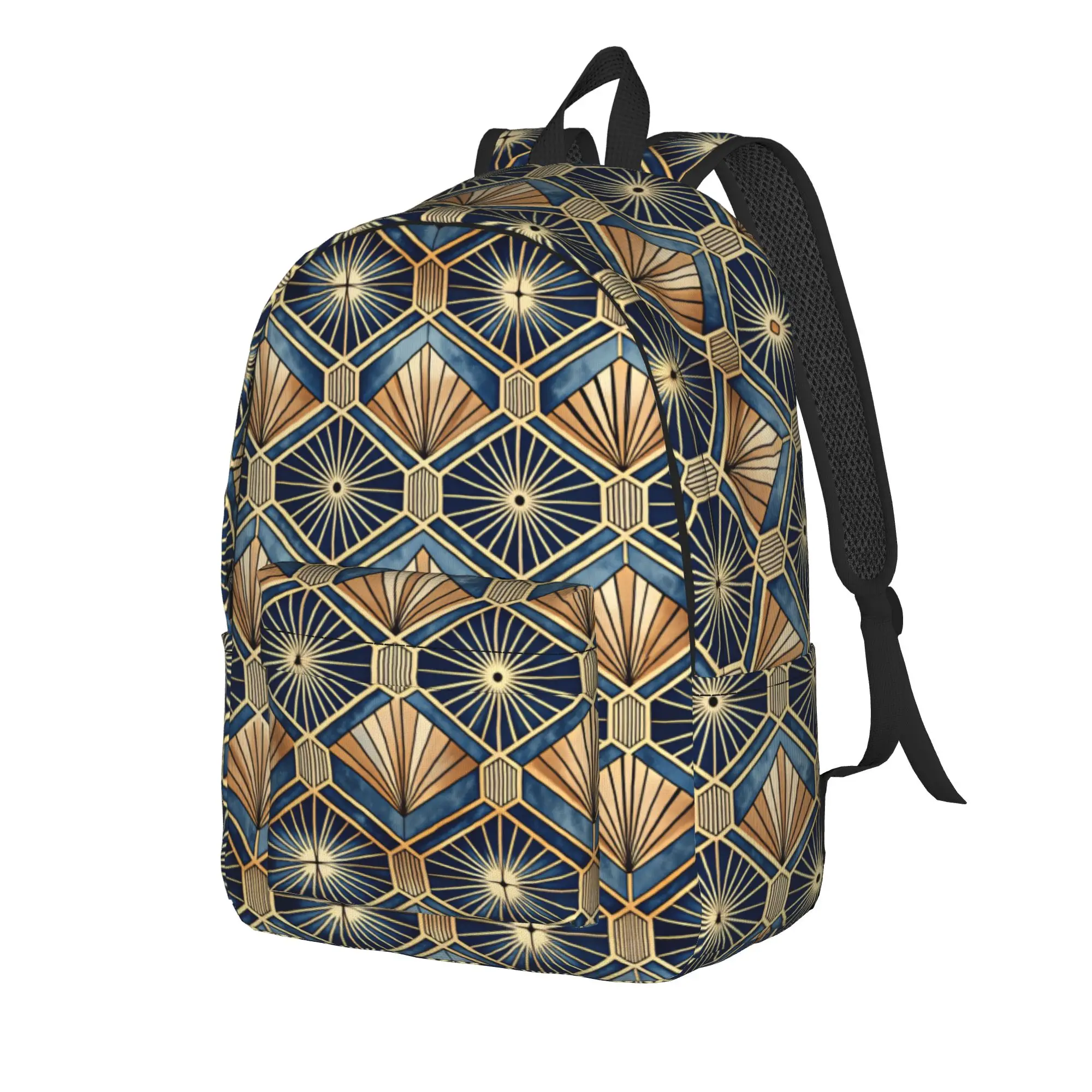 Art Deco Blue Gold Geometric Fan Tile Pattern Backpack  Travel Backpacks Student Unisex High Quality Lightweight School Bags