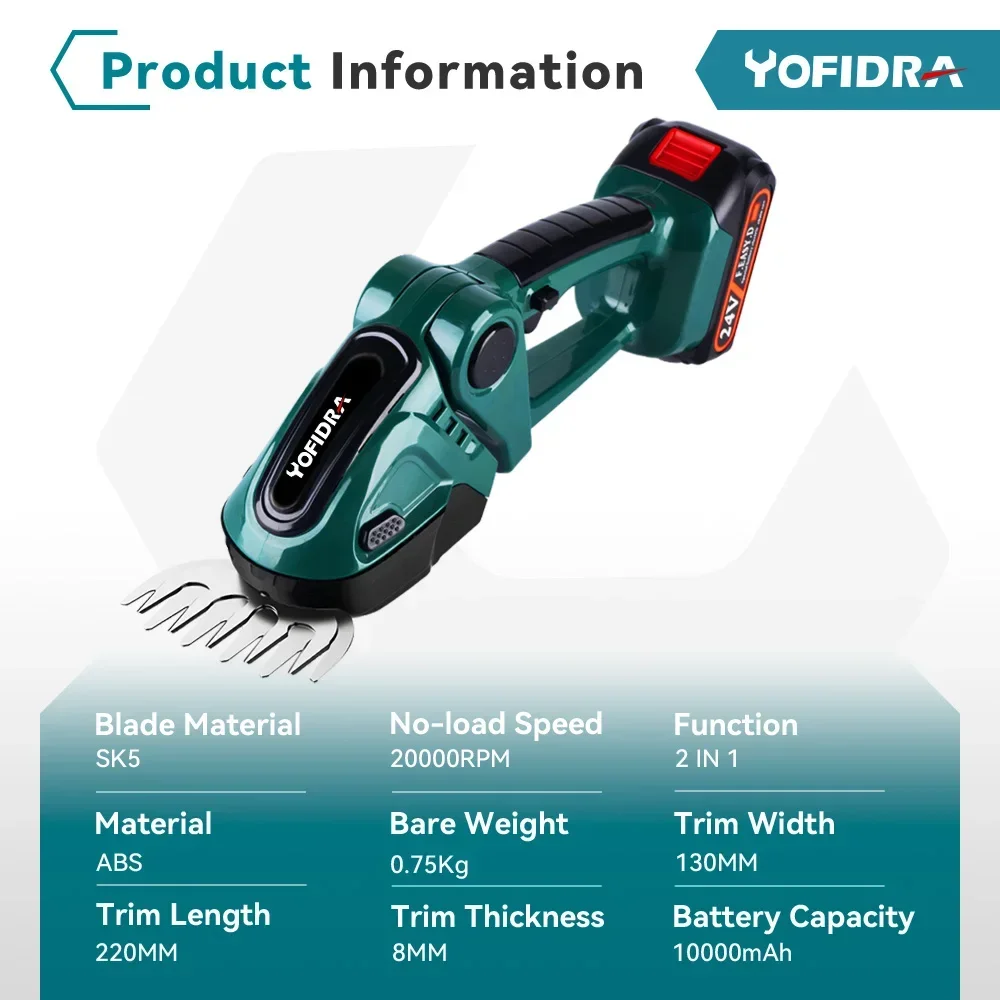 Yofidra 24 V 2-in-1 elektrischer Heckenschere, 20.000 U/min, Haushaltsrasenmäher, Gartenbuchsenschere, Grasschere, Elektrowerkzeug