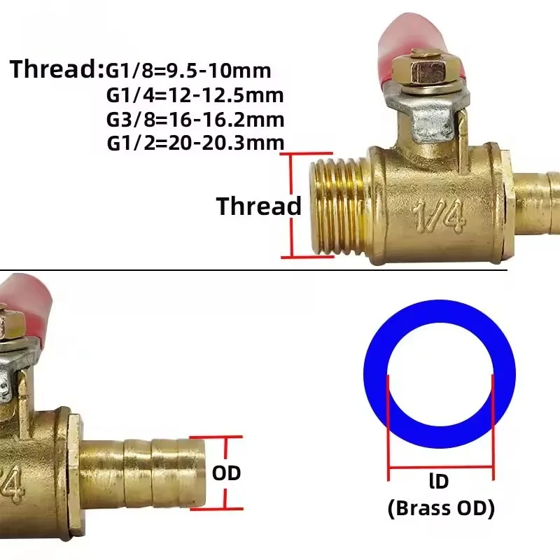 Brass Barbed ball valve 1/8 3/8'' 1/4'' Male FemleThread Connector Joint Copper Pipe Fitting Coupler Adapter 8/10/12mm Hose Barb