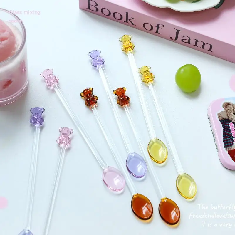 Long Handle Mixing Round Spoon Creative Bear Coffee Spoon Kitchen Dessert Cake Scoops Colorful Glass Tea Spoons