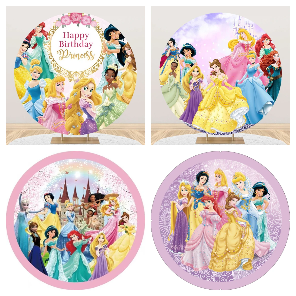 ディズニープリンセスの誕生日パーティーの装飾アクセサリー,丸い背景,写真の背景,ベビーシャワー,女の子のバナー,子供のアクセサリー
