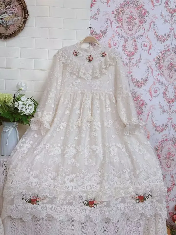 Spring Retro Japanese Mori Girl Style Lace Dress Ruffles Embroidery Loose Casual Draw String Romantic Fairy Dresses