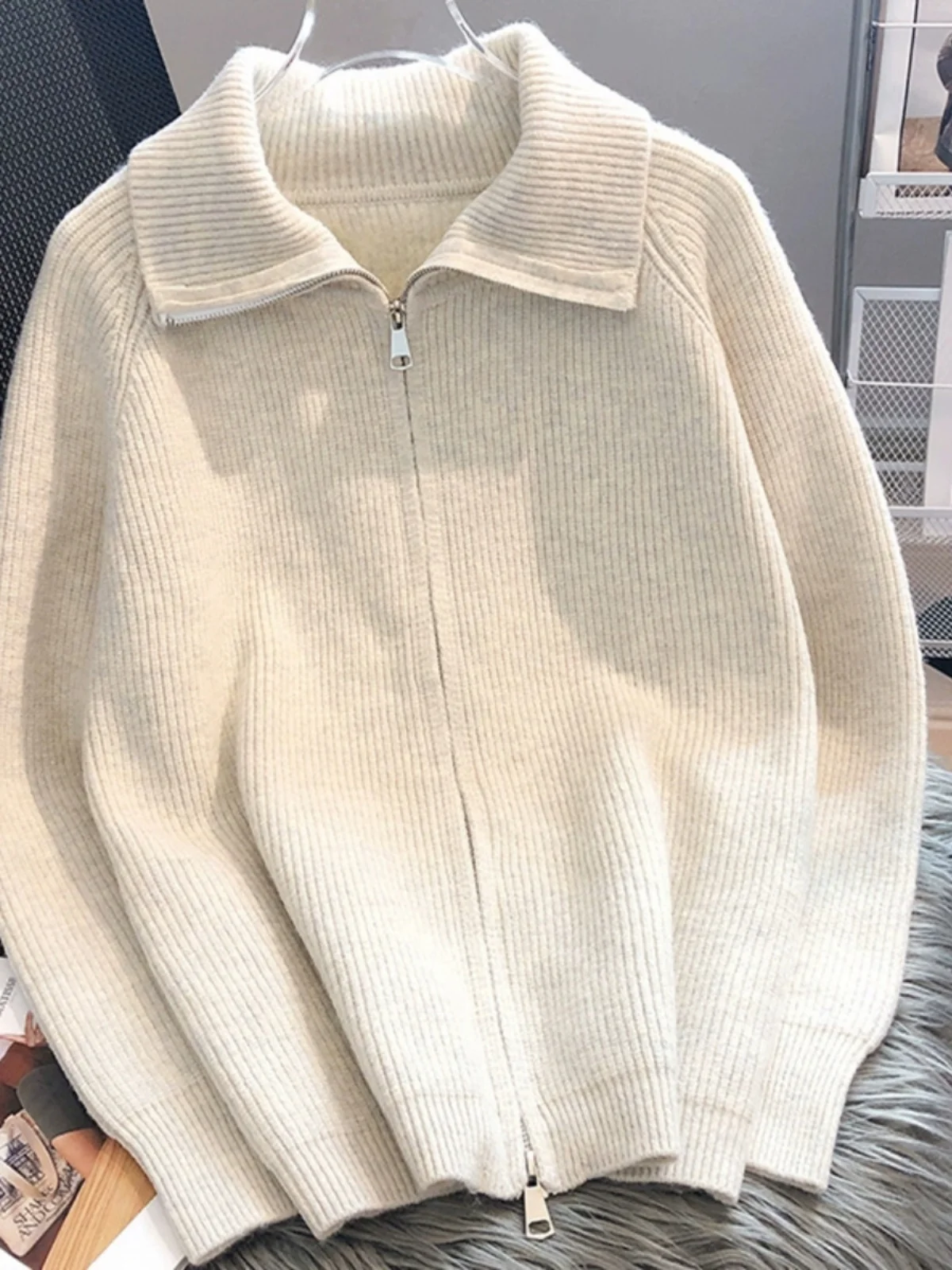 

Женский вязаный кардиган, свитер, верхняя одежда, осенне-зимняя молния, внутренняя часть, высокий аде, красивый воротник, рег...