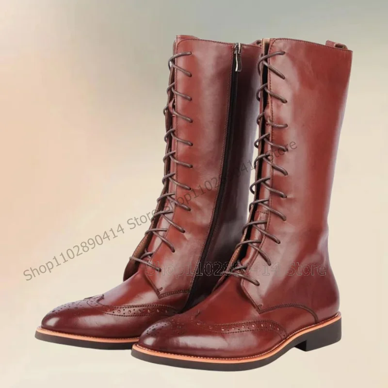 

Brown Carving Design Cross Tied Western Style Boots Fashion Side Zipper Men Boots Luxury Handmade Party Office Men Dress Shoes