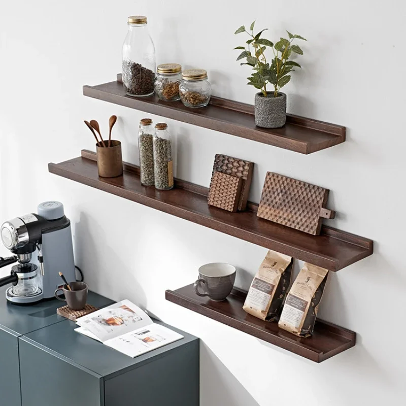 

Wall-Mounted Walnut Wood Shelf Multi-Function Kitchen and Bathroom Rack One Word Partition Space-Saving Organizer