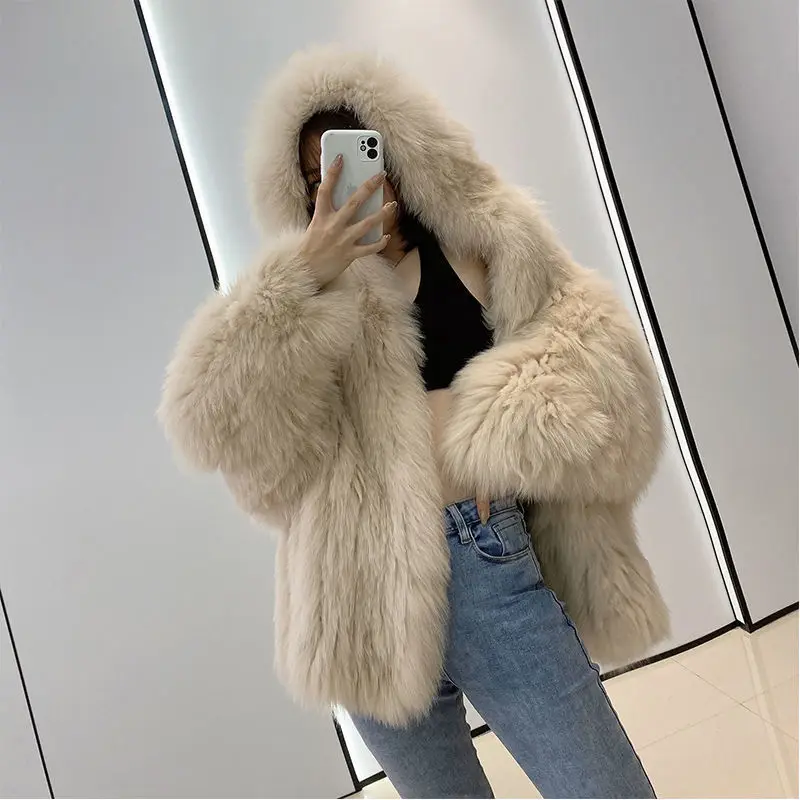 KIDCRKJ Winter Vrouwen Eco Bontjas Pure Kleur Bont Trim Kap Harige Nertsen Bont Jas Voor Lady Slouchy Vrouwelijke Imitatie Bont Uitloper