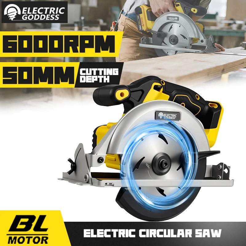 1450w 6.5 Inch Brushless Electric Circular Saw Woodworking Cordless Right Hand 45 Degree Cutting Saw for Dewalt 20v Battery Pin