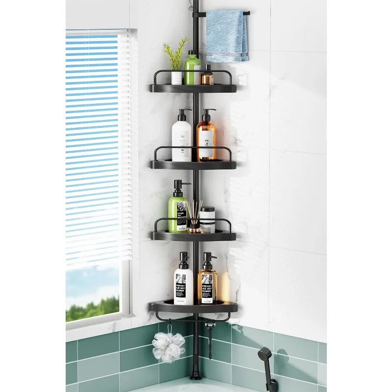 Corner Shower Caddy Tension Pole: 4 Tier Shampoo Storage Organizer for Inside - Telescoping Rod Rack Bathroom  and Restroom