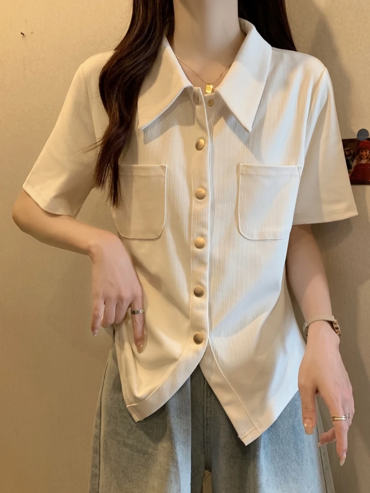 

Slim Fit Short Sleeve Shirt Women's Summer plus Size Fashionable Shoulder Design Korean Style Commute Wind Button Detail
