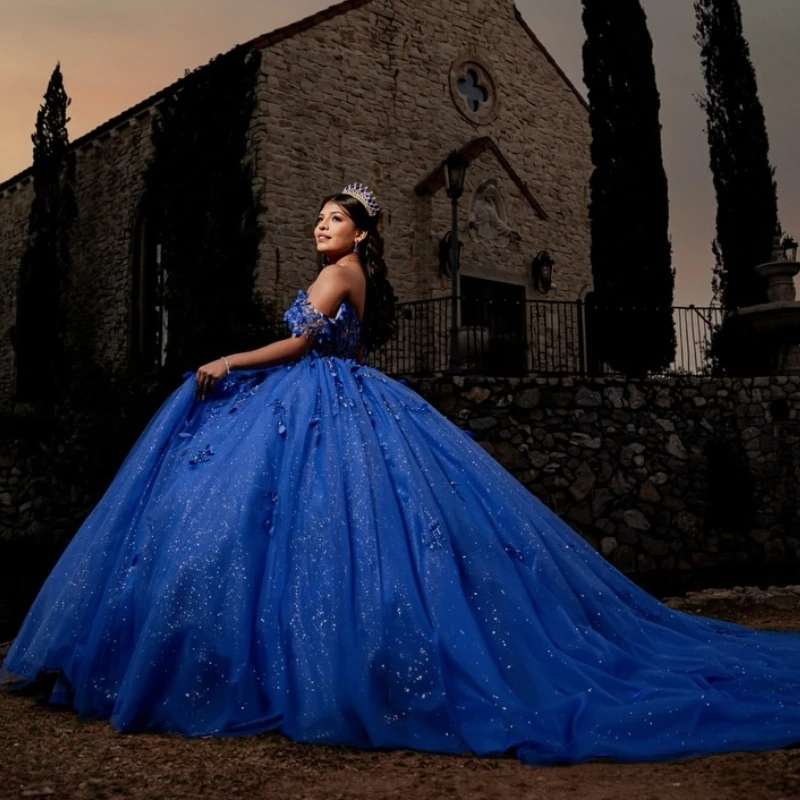 Royal Blue Shiny Quinceanera Dresses Off Should Applique Beads Tulle Ball Gown Party Birthday Sweet 16 Dress customized Vestido