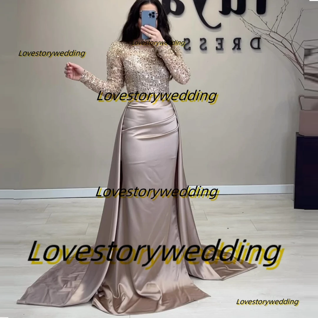 Lovestory Sparkling Sequins Long Sleeves Prom Dresses Mermaid Dubai Party Saudi Arabia Women Wear Overskirts Evening Gowns