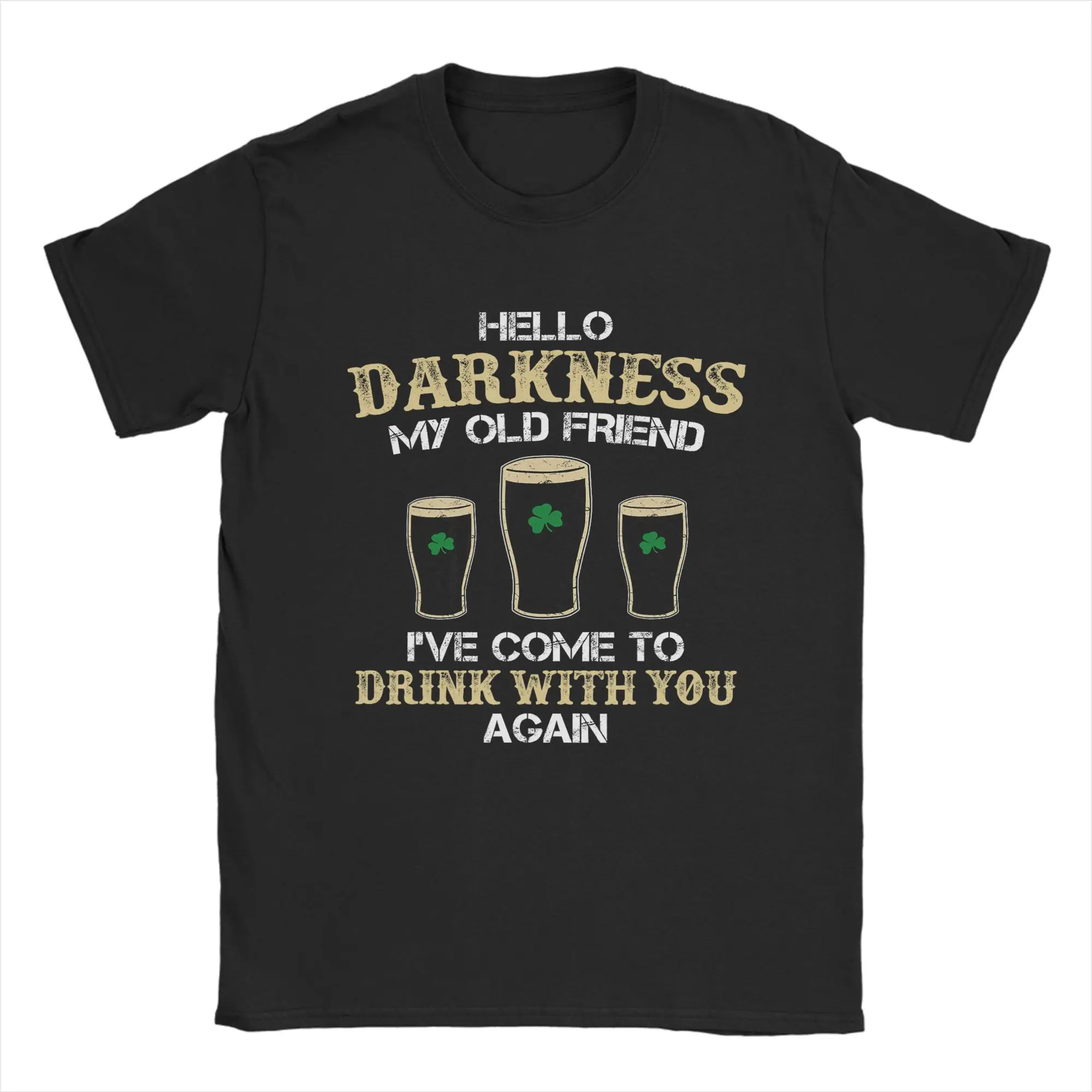 Vintage Hello Darkness My Old Friend Irish Shamrock Beer Day T-Shirt Men Crew Neck Pure Cotton T Shirts  Short Sleeve Tees