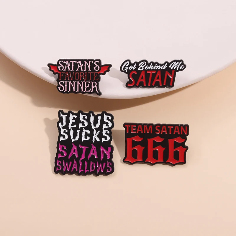 Jesus Christ Punk Enamel Pins Satan\'s Favorite Sinner Creative Metal Brooches Get Behind Me Satan Cartoon Lapel Badge for Gift