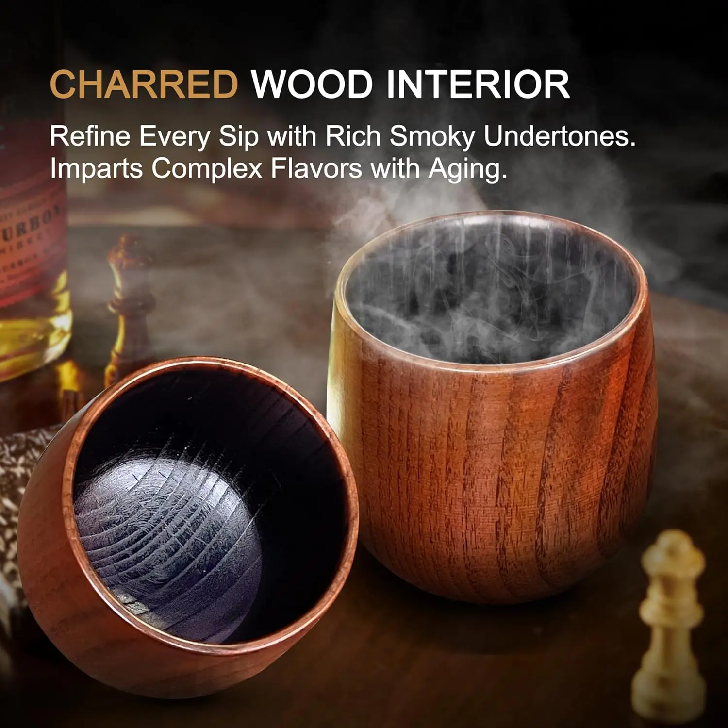 1/2Pcs Handcrafted Charred Oak Wooden Bourbon Glasses,Old Fashioned Whiskey Tumblers for Home Bar, Party and Premium Gift Giving