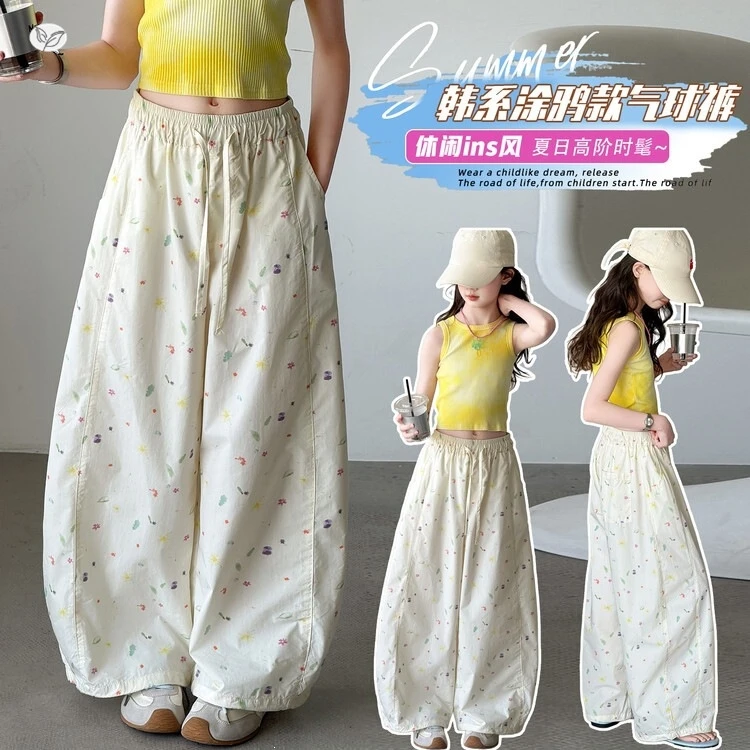 

Girls' 2026 Summer Lightweight Graffiti Casual Pants Girls' Outing Sunscreen Pants Teenage Children's Curved Knife Pants