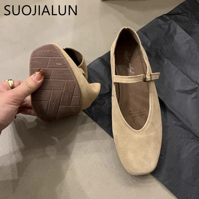 SUOJIALUN 2024 Autumn Women Flat Shoes Fashion Round Toe Ladie Ballerinas Shoes Soft Flat Heel Outdoor Casual Mary Jane Shoes