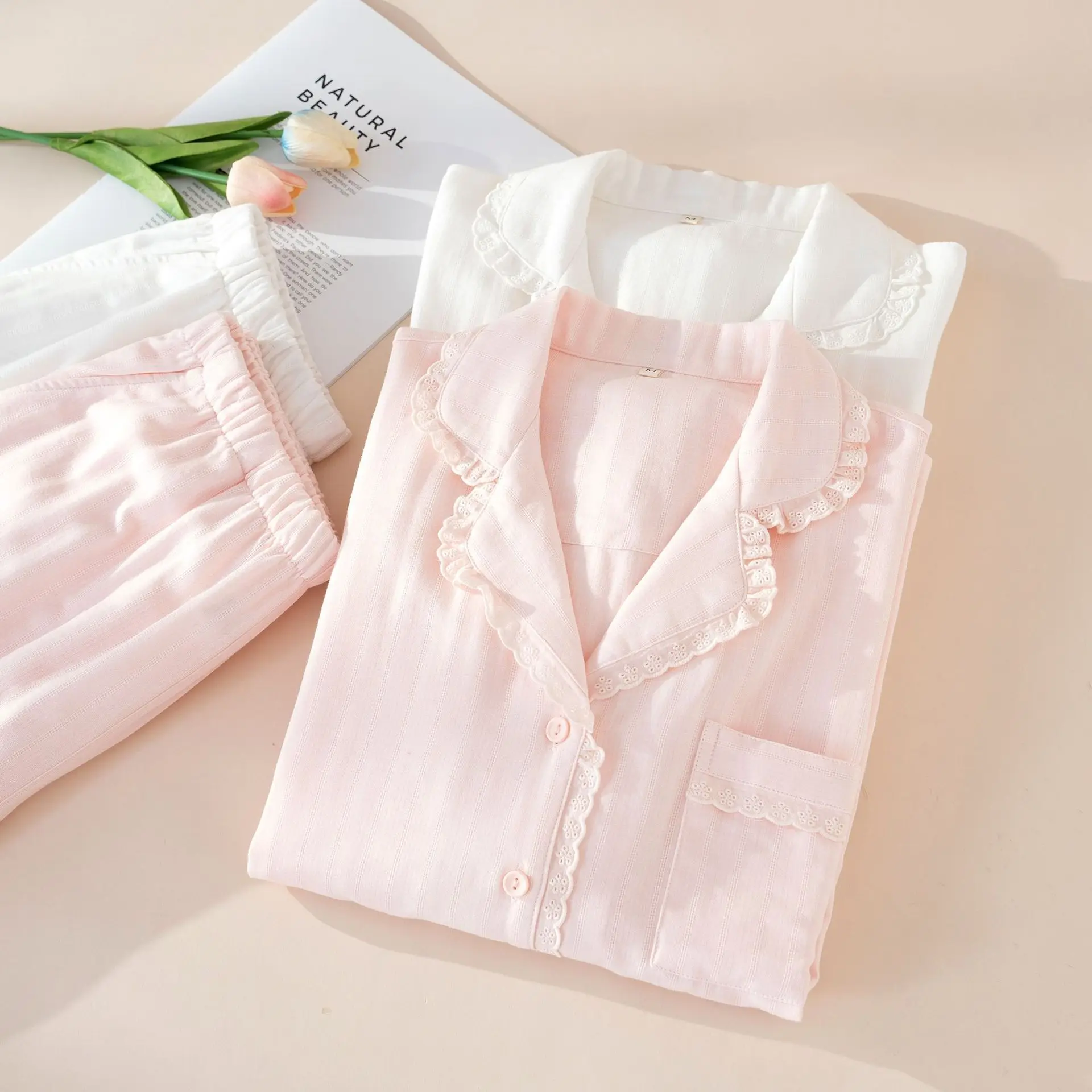 Summer Cotton Ruffles Lapel Shirt Pants Women Pajamas Sleepwear Female 2 Piece Set Nightwear Lady Pyjamas Loungewear