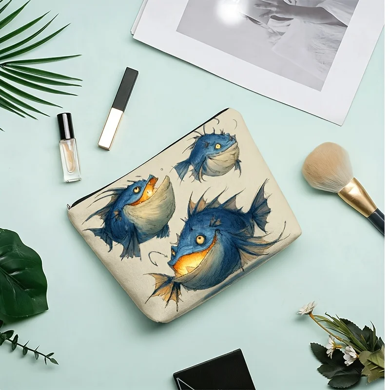 1 Piece Hand-Painted Blue Fish Pattern Makeup Bag - Multifunctional Zipper Pouch for Women, Perfect Travel Zipper Storage Bag, Fun Birthday Gift