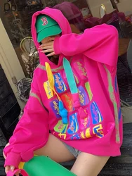 European Goods Graffiti Creative Design Oversized Hooded Sweatshirt for Women 2024 Spring Autumn Mid-Length Sweatshirt Hoodie