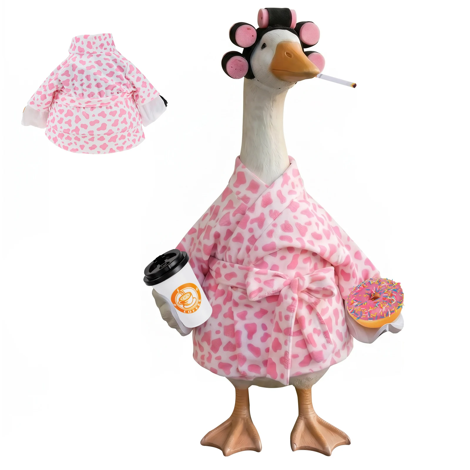 Lady Porch Goose Outfit Set 23Inch Goose Bathrobe Costume Set with Hair Curler Coffee Cup Donut and Cigarette Prop Geese Clothes