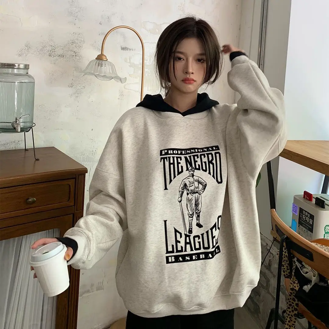 Pure cotton color block letter hooded American retro sweatshirt jacket for women plus velvet autumn and winter loose casual