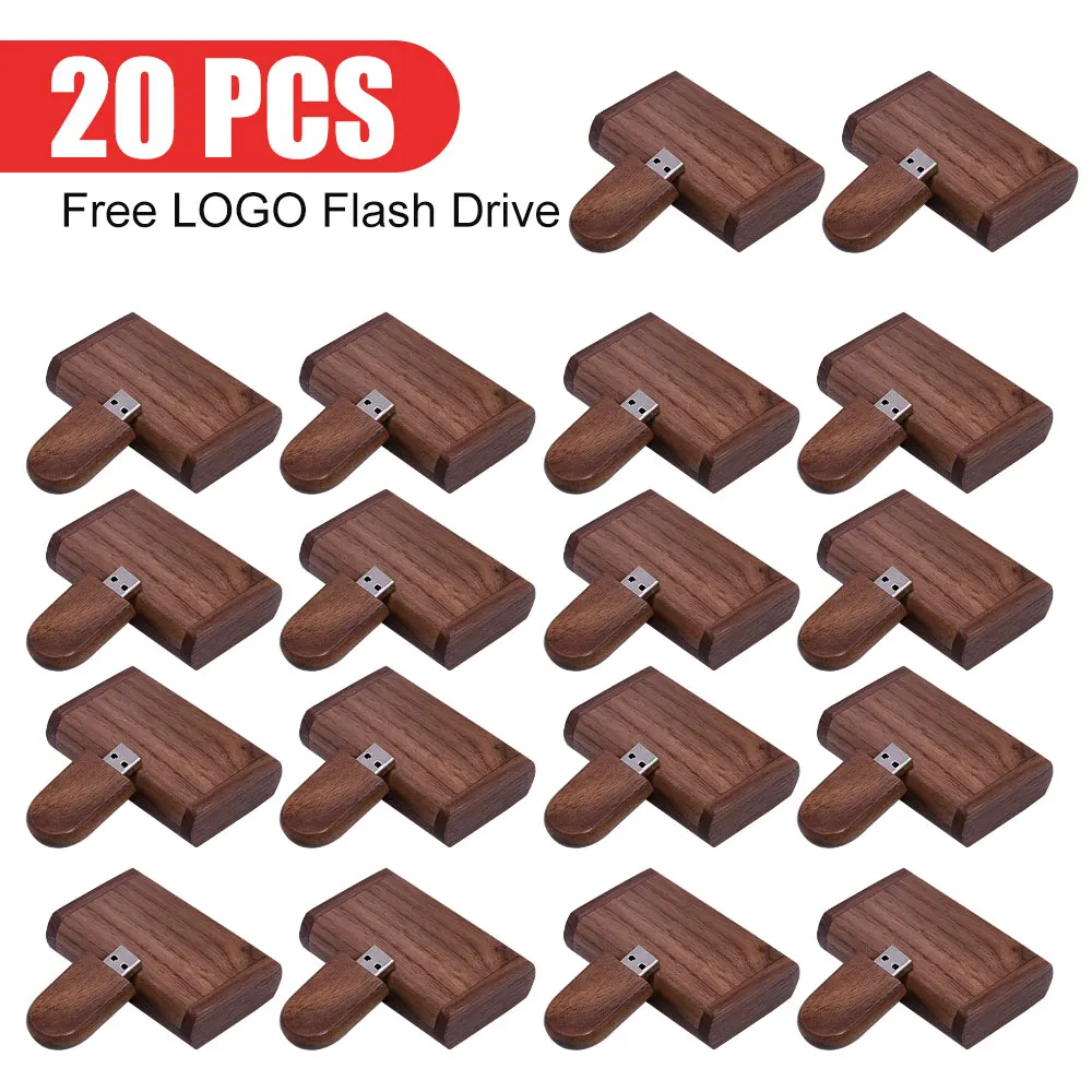 20 PCS/LOT USB Flash Drive Wooden Box Pen Drive Wood USB2.0 Free Custom Logo 32GB 64GB Memory Stick for Gift 4GB 8GB 16GB