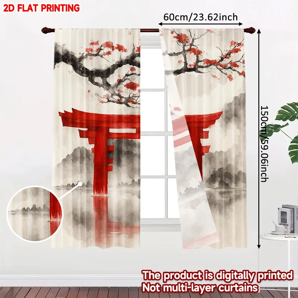 2D flat printing 2pcs Scene Curtains Cherry Blossoms Over Torii Gate Digital Printed Polyester Drapes Holiday Decorations for