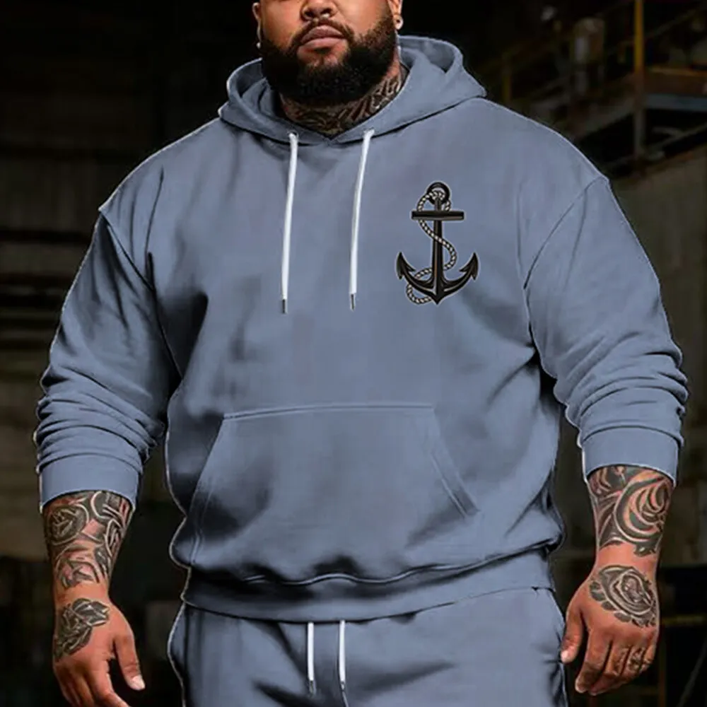 طقم هودي رجالي مقاس كبير S-9xl مع عناصر بحرية - ملابس كاجوال مكونة من قطعتين، قماش ناعم، ميزات مرساة وتفاصيل مخططة #2