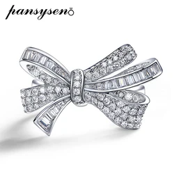 PANSYSEN 100% 925 Sterling Silver Sparkling Full High Carbon Dimond Bowknot Rings for Women Engagement Wedding Fine Jewelry