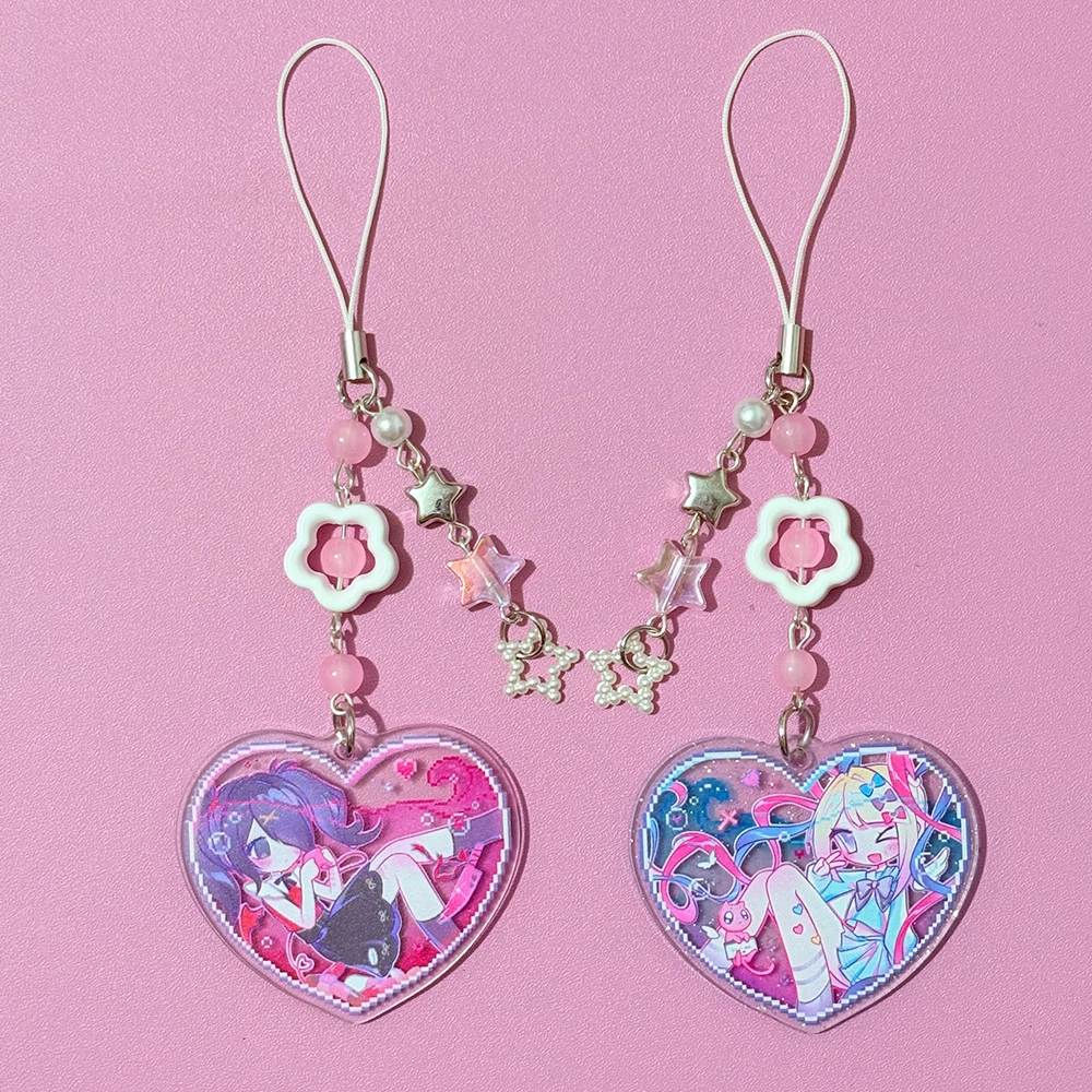 Game Need Girl Overdose KAngel Amechan Beaded Phone Chain Acrylic Heart Keychains Backpack Keyrings Cosplay Props Xmas Gifts